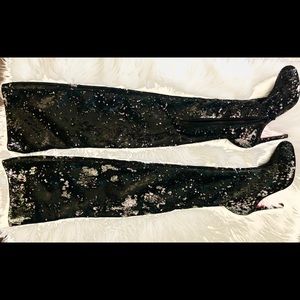 Christian Louboutin Black Sequin Over the Knee Boots